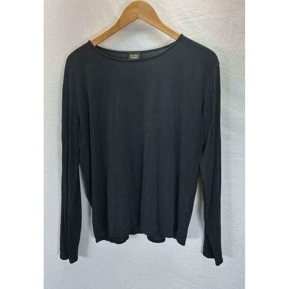 Eileen Fisher Shirt Womens XL Black Crew Neck Long Sleeve Silk Top Minimalist